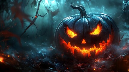 Naklejka premium Menacing Halloween Jack O Lantern with glowing eyes and smile