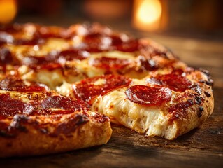 A close-up of a sizzling pepperoni pizza with melted cheese, flavorful salami slices, and a golden crust, served on a rustic wooden table, evoking cozy gatherings.