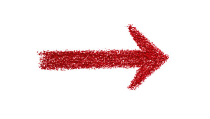 A simple, right-pointing arrow, crafted from textured, crimson material.  It appears slightly fuzzy or embellished with fine particles
