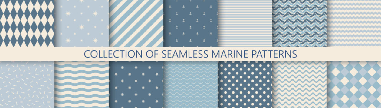 Collection of simple geometric seamless sea patterns. Blue marine minimalistic backgrounds. Repeatable textile prints with symbols