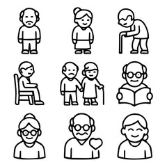 Simple Line Art Depicting Various Elderly People in Different Activities.