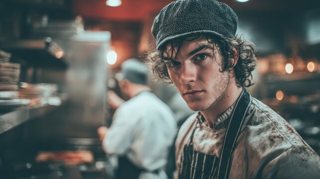 Young chef with cap looks intently in professional kitchen setting - Powered by Adobe