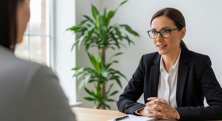 Smiling Businesswoman in Glasses Engaged in a Professional Job Interview or Business Meeting Discussion