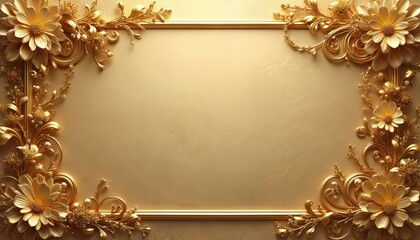 Gold frame with floral design and border of gold flowers and leaves. Elegant frame on light gray background. Close-up view of intricate design, ornate details, and metallic texture.