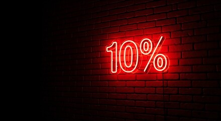 Red neon sign displaying ten percent discount offer on brick wall.  Bright red illuminated numbers announce sale promotion.