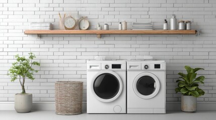 Modern laundry room with a white wall background, featuring a washing machine, dryer, and a wooden shelf holding laundry supplies, creating a clean and organized space.