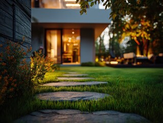 A cozy home garden featuring lush green grass and a stone path, warmly lit by the house in the background, showcasing minimalist architecture and peaceful outdoor charm.