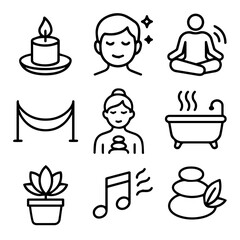 Symbolic Icons Representing Relaxation Wellness and Spa Treatments in Simple Black Lines.