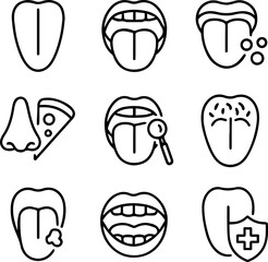 Tongue Condition Icons Taste Buds Pizza Examination Protection and Oral Health.
