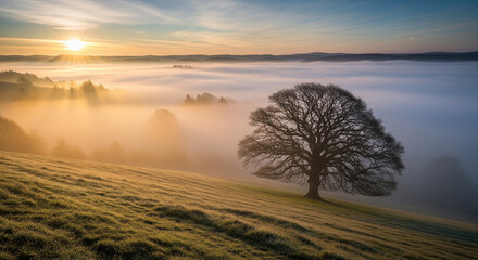A majestic solitary oak tree stands on a misty hillside at dawn, with soft golden light creating a serene and hopeful landscape background