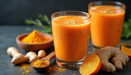 Bright orange carrot ginger smoothie served in glasses on dark background. Garnished with orange slices grated ginger. Healthy fresh beverage rich vitamin C. Vegan detox drink for wellness, immune
