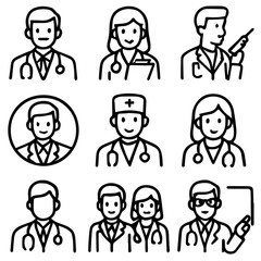 Vector Illustrations of Medical Professionals with Stethoscopes and Various Poses.