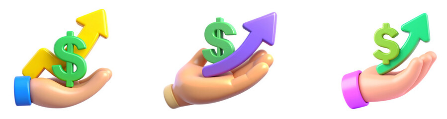 Hand dollar sign upward arrow finance growth investment profit business success colorful 3D illustration economic wealth savings banking cartoon optimistic prosperity income creative isolated