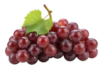 Close up of ripe red grapes with a single green leaf and stem fruit food