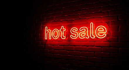 Hot sale neon sign on dark brick wall during retail discount event. Bright red hot sale attracts customers, and sale announcement draws attention to special offers. Concept hot sale for business.
