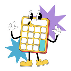 Cute cartoon calculator character in retro 80s style for school and education illustration