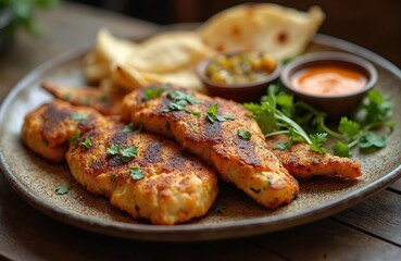 Delicious grilled fish tikka served on plate with warm naan bread, assorted chutneys. Savory seasoned fish pieces garnished with fresh green herbs, hint of lime. Appetizing meal offers rustic