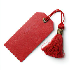 Red rectangular gift tag with tassel and textured surface