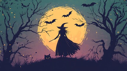 Fototapeta premium Halloween horizontal banner with vector logo featuring ominous tree branches bats and a pretty witch on a full moon background