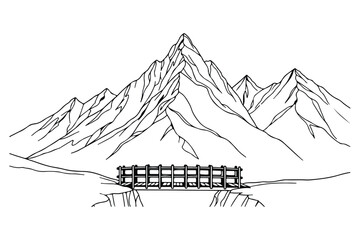 Fototapeta premium Black and white line drawing of a wooden bridge spanning a chasm with jagged mountain peaks in the background