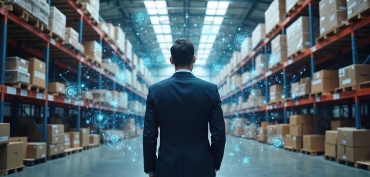 Man in suit stands in warehouse, surrounded by shelves of boxes, glowing digital icons. Represents smart logistics, automation, future technology in supply chain management. Focused on industrial