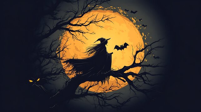 Halloween horizontal banner with vector logo featuring ominous tree branches bats and a pretty witch on a full moon background