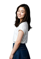 Obraz premium Smiling Japanese Young Woman in White T-Shirt and Denim Skirt, Transparent Background