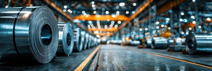 Stacks of rolled steel coils in a busy manufacturing facility showcasing industrial processes