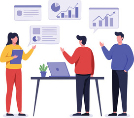 Fototapeta premium Three diverse business professionals collaborate on a project, analyzing data and discussing strategies in a modern, flat illustration style.