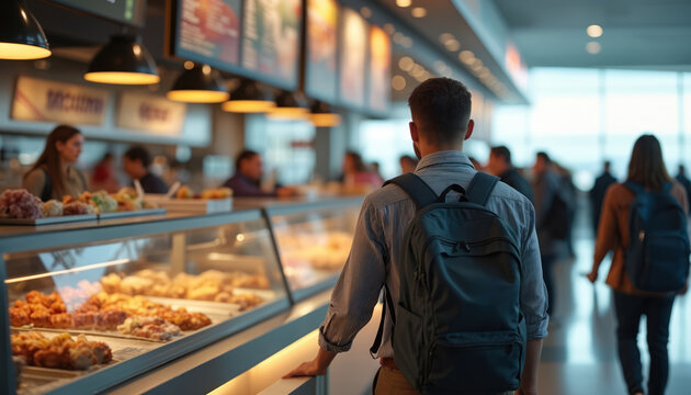 Man with backpack contemplates menu in busy airport food court. Travelers choose food from display case with assorted snacks. Interior shows casual attire, dining cafes, and passenger queues.