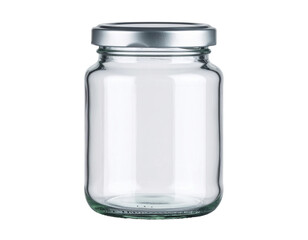 Empty clear glass jar with silver lid ready for canning or preserving delicious homemade foods