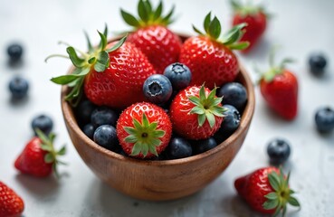 Wooden bowl overflows with fresh strawberries, blueberries, offering vibrant burst of summer flavor. Perfect for recipe websites, this close-up shot highlights nature sweetness, healthy antioxidants.
