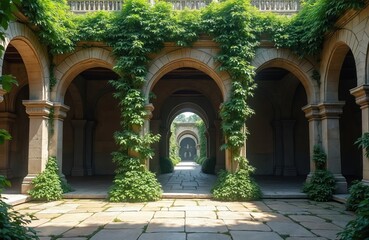 Fototapeta premium Serene courtyard with stone archway, columns, lush green vines. Flanked by stone wall, providing privacy, tranquility. Low angle shot emphasizes grandeur of archway, courtyard.