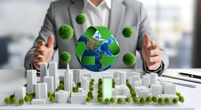 A business professional showcases environmental protection with a model city and globe.
