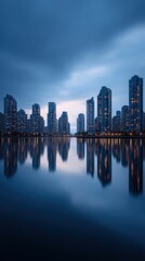The mesmerizing reflection of an urban cityscape, with illuminated high-rise buildings reflecting majestically onto a serene lake.