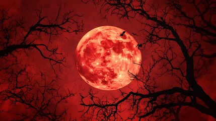 Full moon Halloween background with vector logo witches and bats flying through spooky tree branches