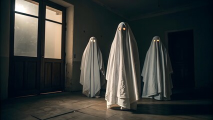 Three figures draped in white sheets stand in a dimly lit room with glowing eyes looking spooky