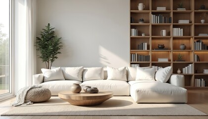Modern living room features plush white sectional sofa facing large window with sheer curtains. Tall green plant sits beside sofa, adding touch of nature. Built-in wooden bookshelves line wall,