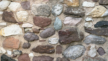 Closeup of an old stone wall with aged surface and mortar, featuring irregular blocks in brown, grey and beige tones typical of historic architecture