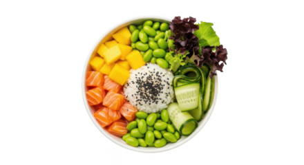 Colorful poke bowl with salmon mango edamame rice and cucumber image