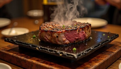 sizzling steak on hot stone plate