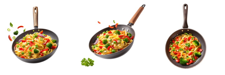 Three pans of stirfry with vegetables isolated on transparent background