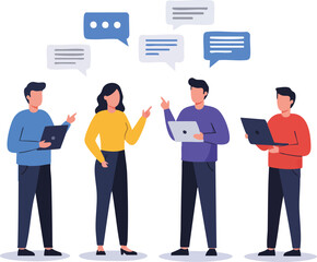 A diverse group of professionals engages in a dynamic discussion, utilizing modern digital devices for effective communication and collaborative problem-solving.