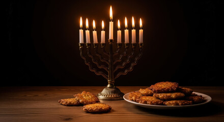 Obraz premium Illuminating Tradition A Hanukkah Menorah Display with Golden Light and Delicious Latkes on a Wooden Table Against a Dark Backdrop for Festive Occasions