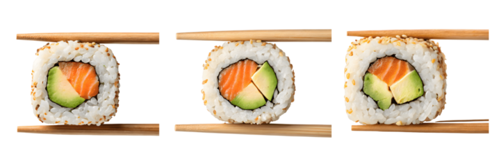 Set For Sushi rolls with chopsticks isolated on transparent background show japanese cuisine