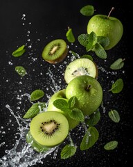 Fresh green apples and kiwi slices with mint leaves in a splash of water on a dark background