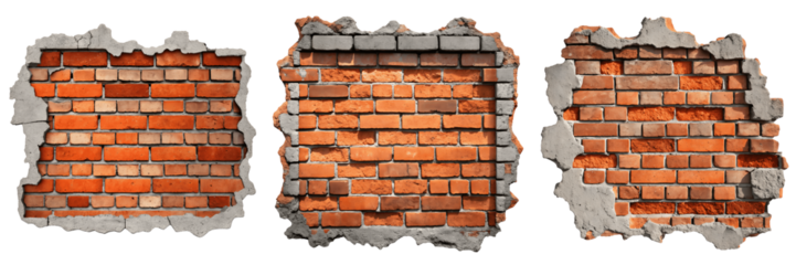Set For broken brick walls isolated on transparent background show decay