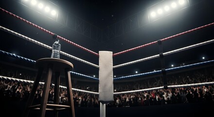 Boxing ring corner with a stool and water bottle, illuminated by bright stadium lights, with a blurred crowd in the background.