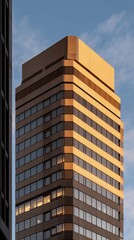 Obraz premium A towering skyscraper stands tall against a backdrop of a serene sky, its architectural design showcasing a harmonious blend of modern elements, bathed in the warm glow of the setting sun.