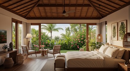 Obraz premium Luxury Tropical Resort Bedroom with Beautiful Garden View.